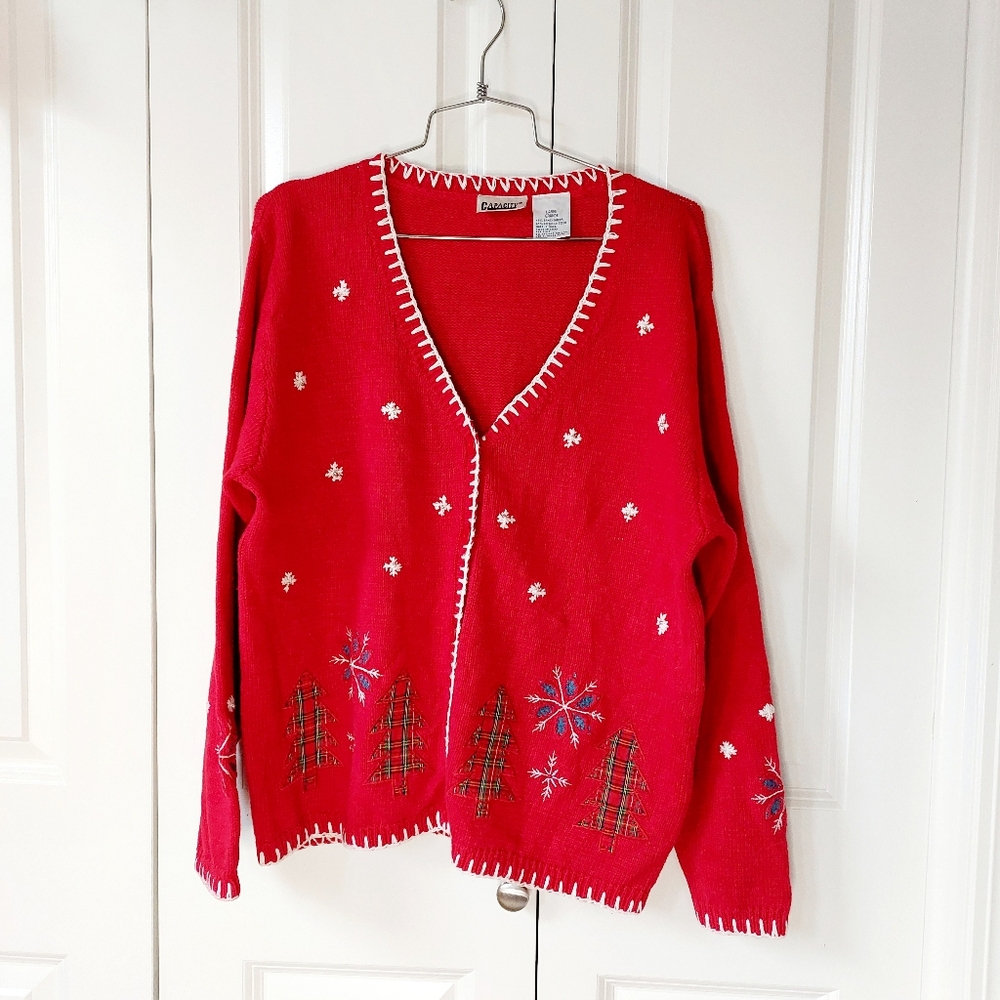 Vintage Sweater Plaid Applique Christmas Trees & Snowflakes size‎ Large Capacity